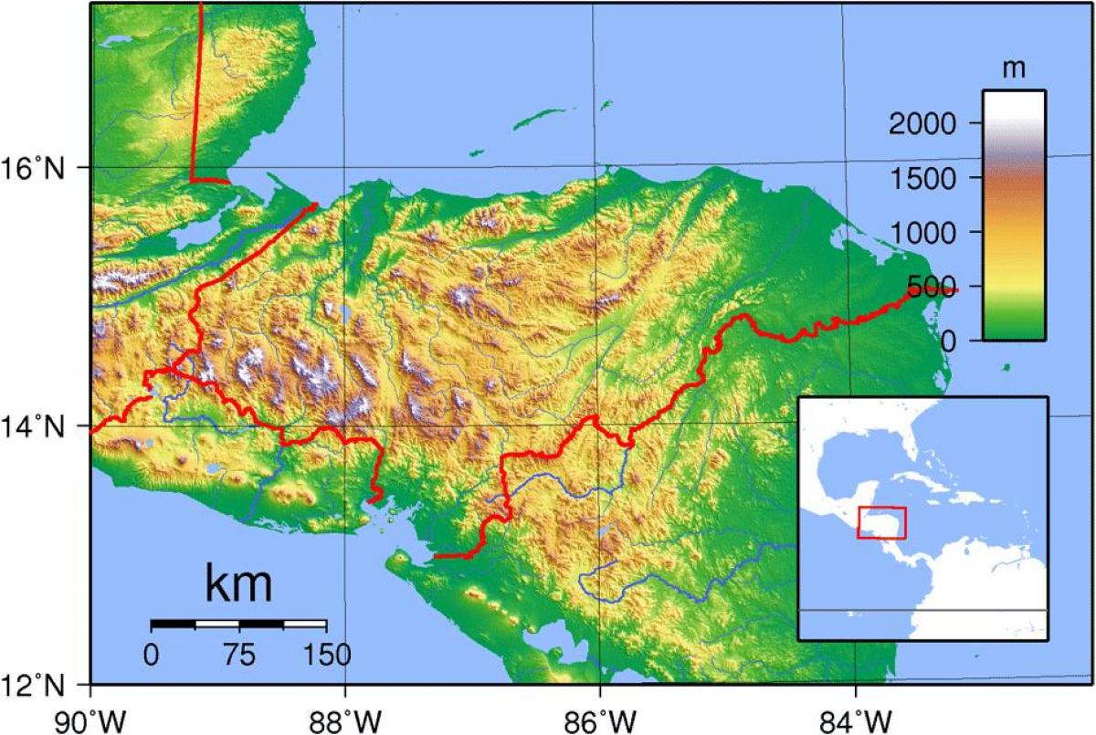 Honduras topografinen kartta - Kartta Honduras topografinen (Keski-Amerikka  - Amerikka)